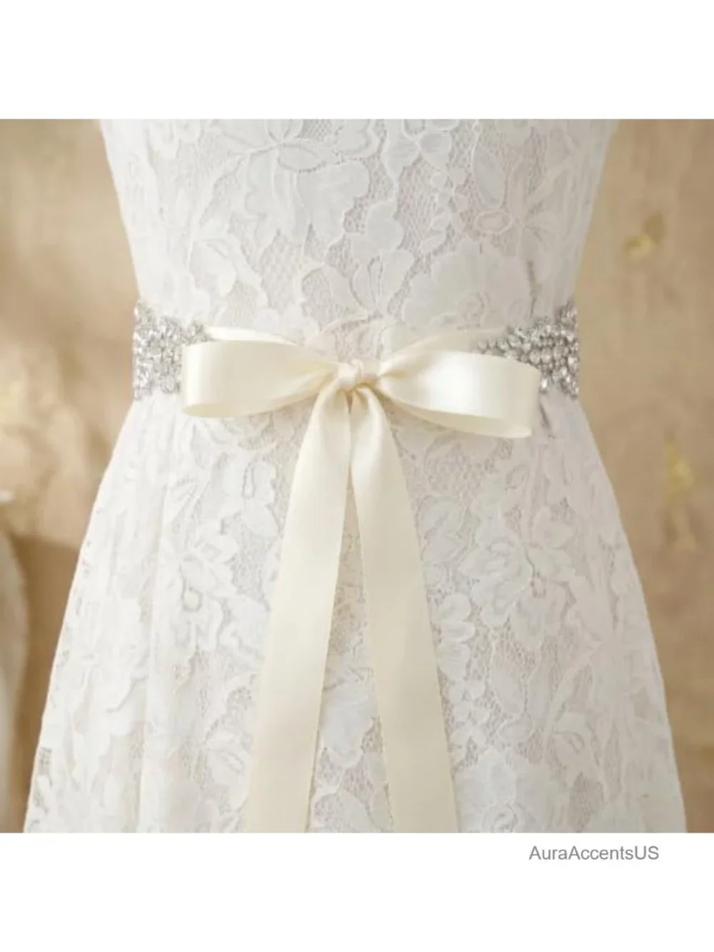 Handmade Rhinestone Bridal Belt with Ivory Ribbon Crystal Belt